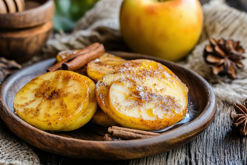 Baked apples on a wooden plate with cinnamon.